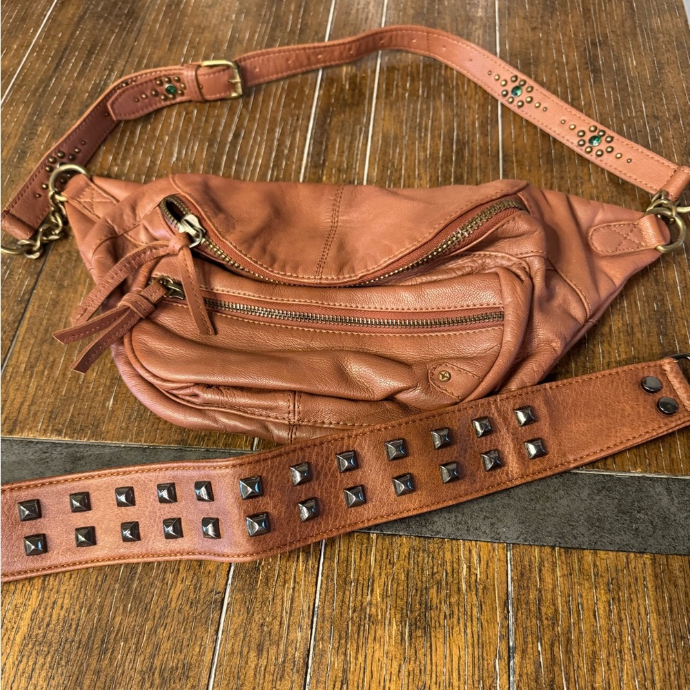 Brown Leather Studded Belt Bag
